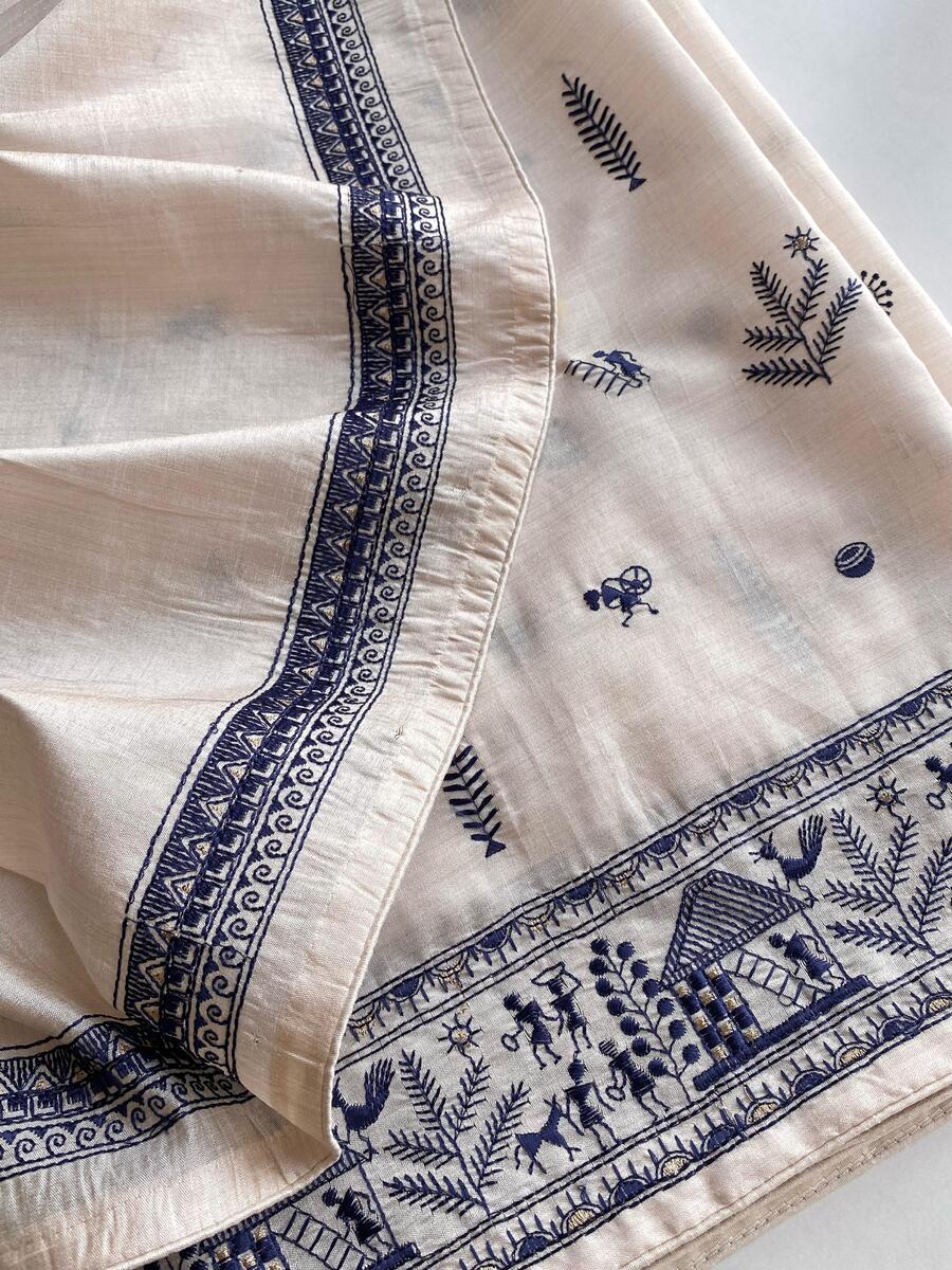 Bewitching Off White Embroidery Work Tussar Silk Saree With Aplomb Blouse Piece - Image 4