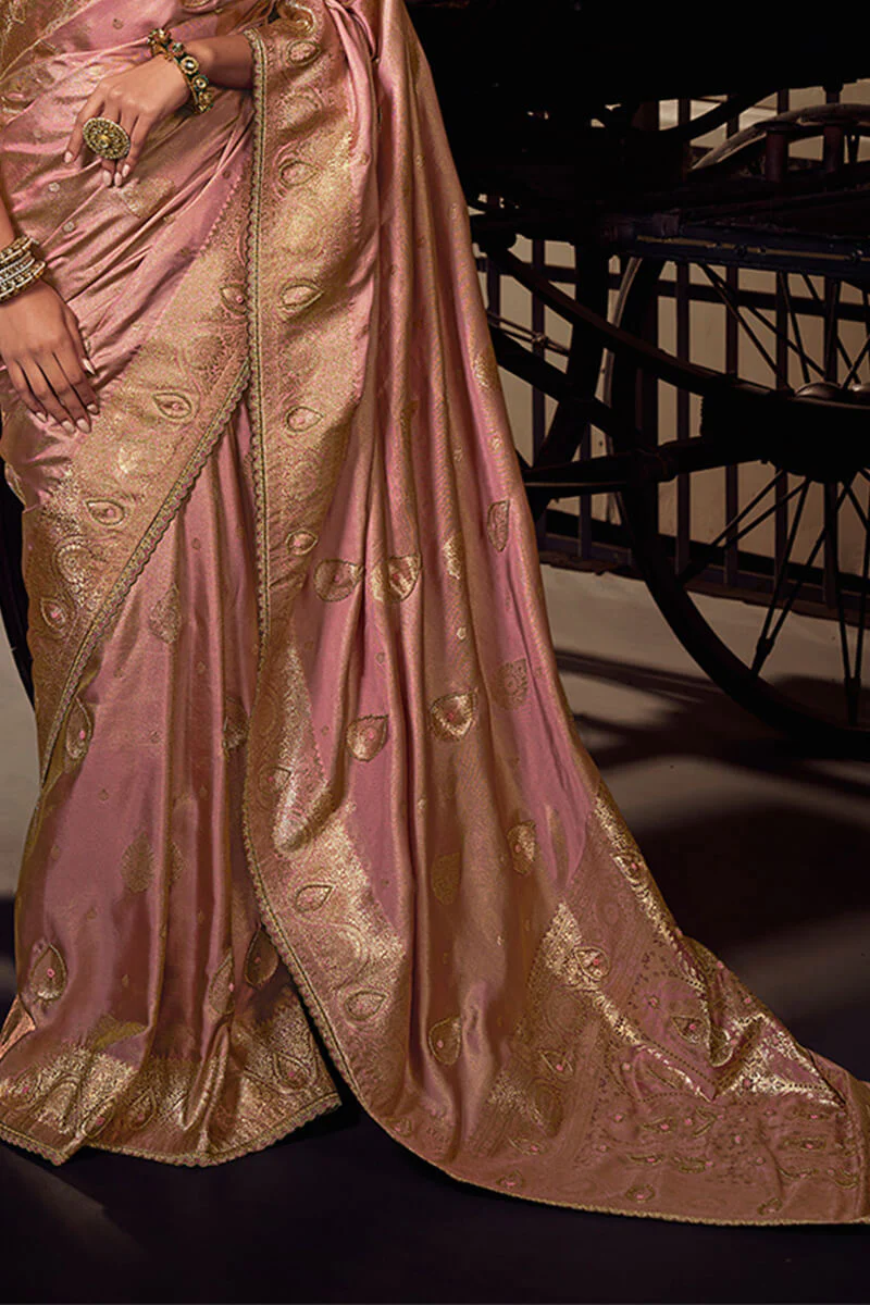 Bewitching Pink Pure Viscose Tissue Banarasi Silk Saree With Brood Blouse Piece - Image 3