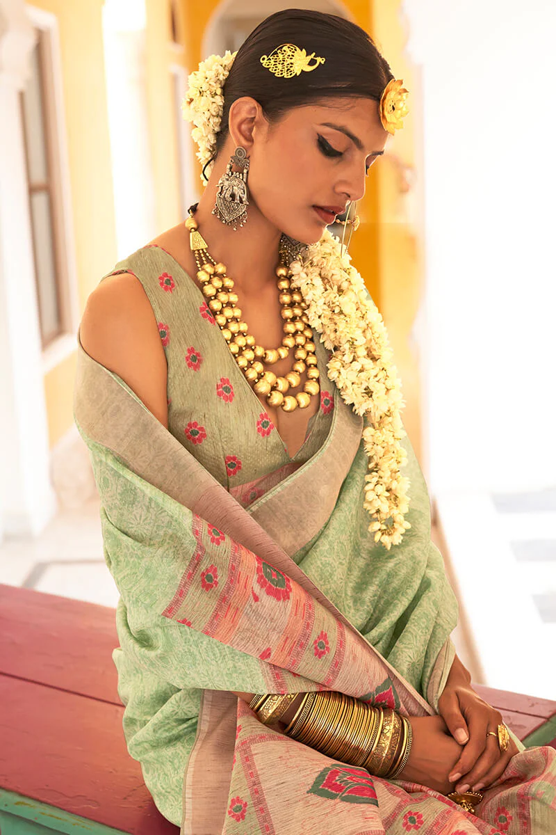 Bewitching Pista Cotton Silk Saree With Invaluable Blouse Piece - Image 2
