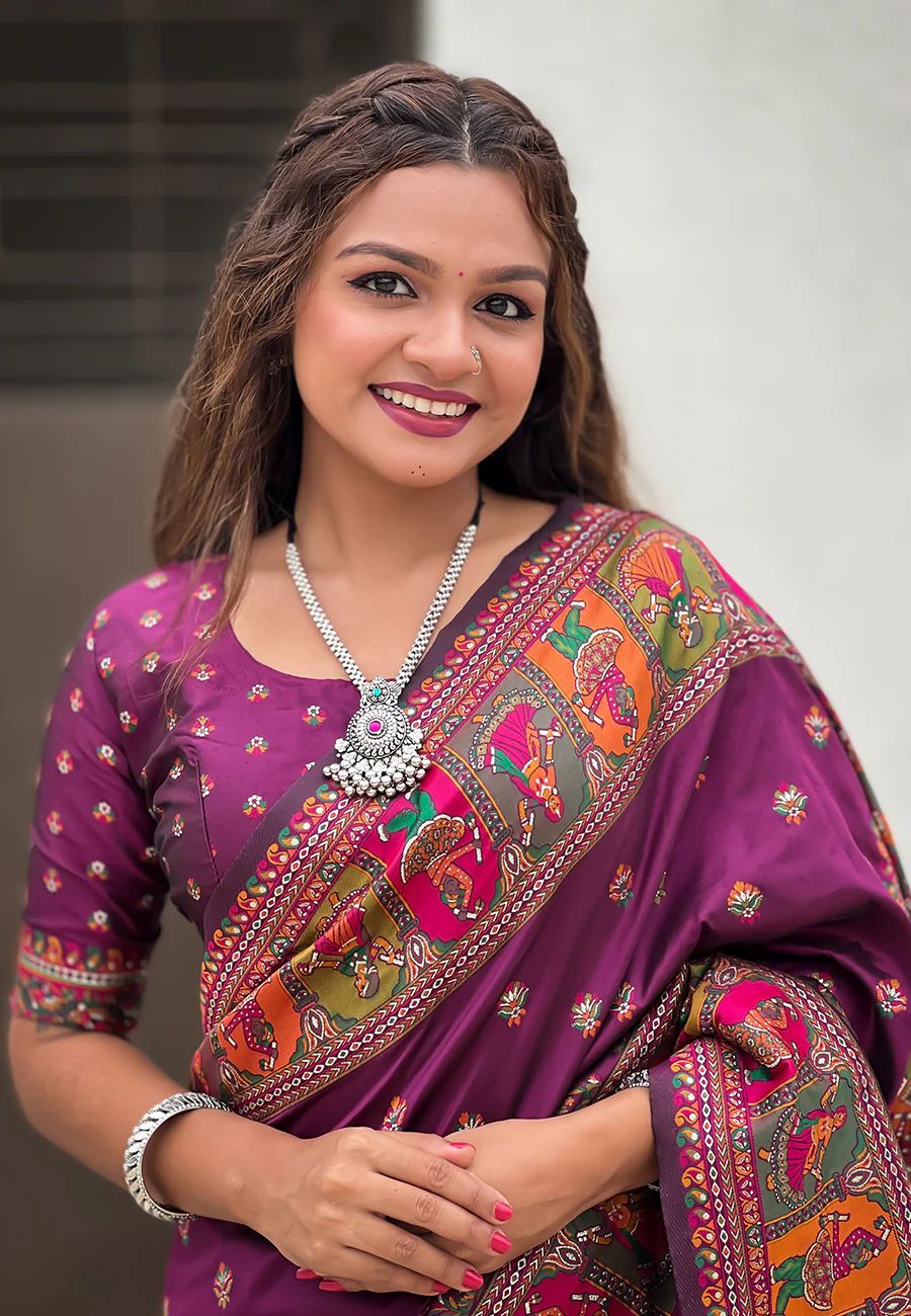 Bewitching Purple Nylon Dola Pashmina Saree With Mesmerising Blouse Piece - Image 2