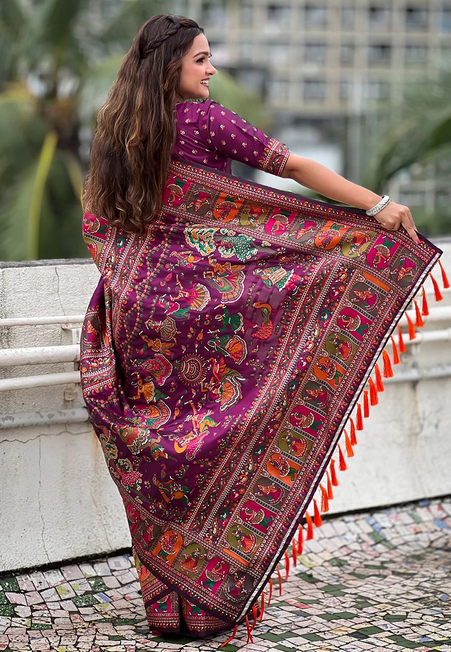 Bewitching Purple Nylon Dola Pashmina Saree With Mesmerising Blouse Piece - Image 5