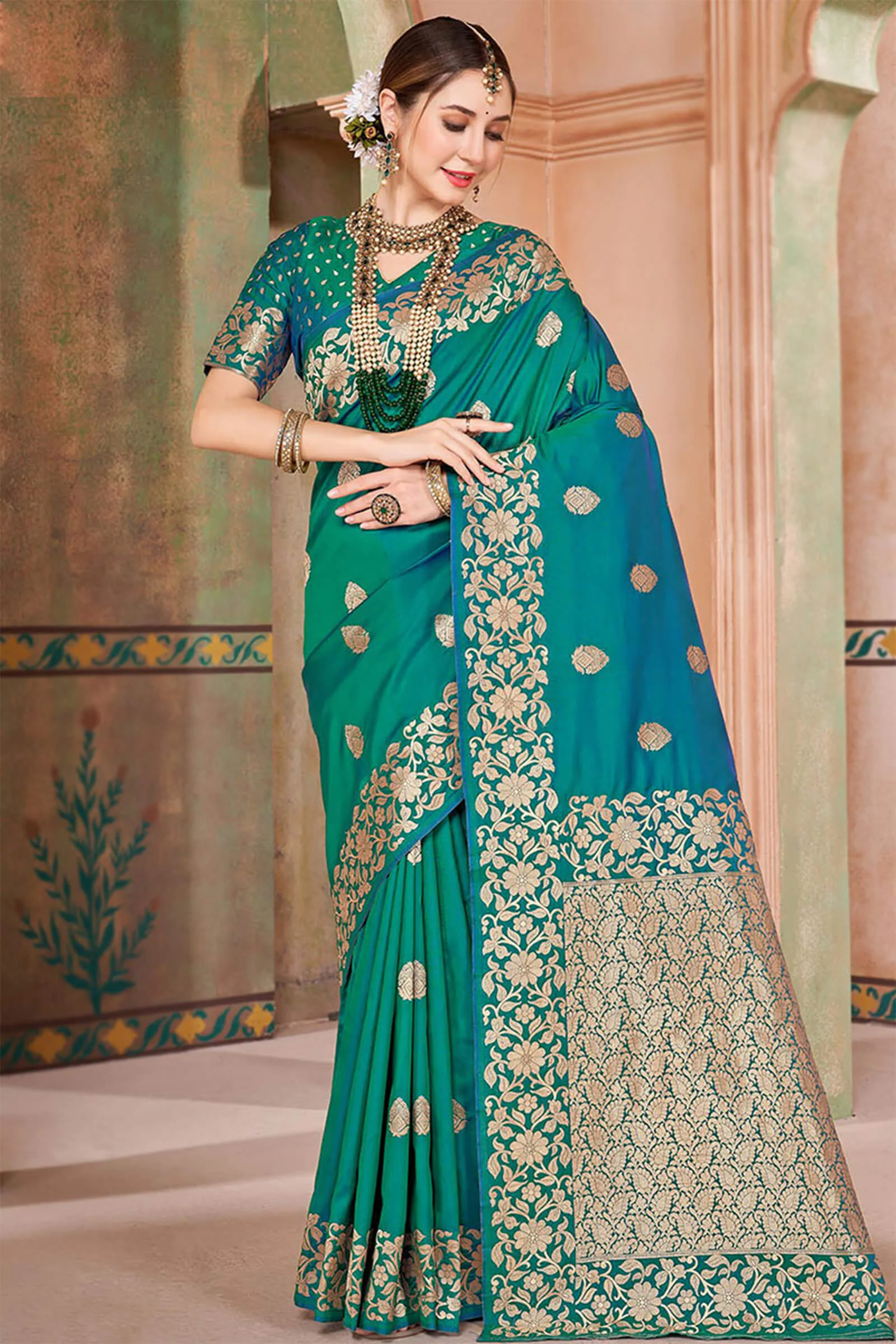 Bewitching Rama Soft Banarasi Silk Saree With Redolent Blouse Piece