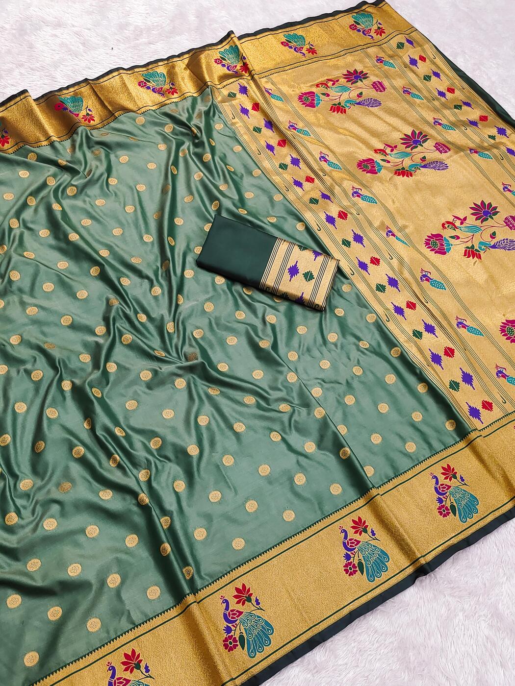Bewitching Sea Green Paithani Silk Saree With Stylish Blouse Piece