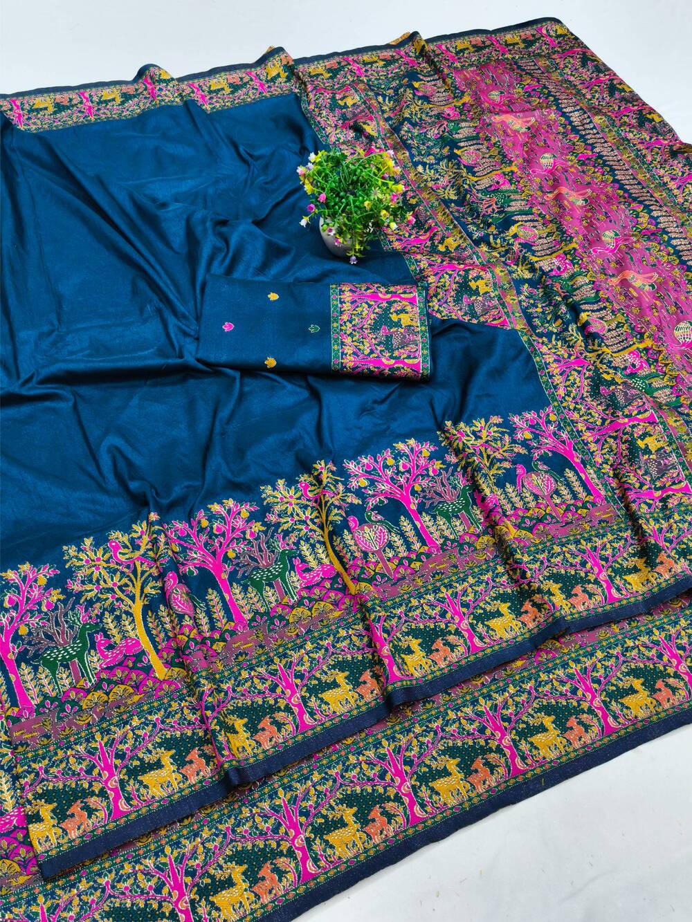 Blissful Blue Nylon Dola Pashmina Saree With Stylish Blouse Piece - Image 2