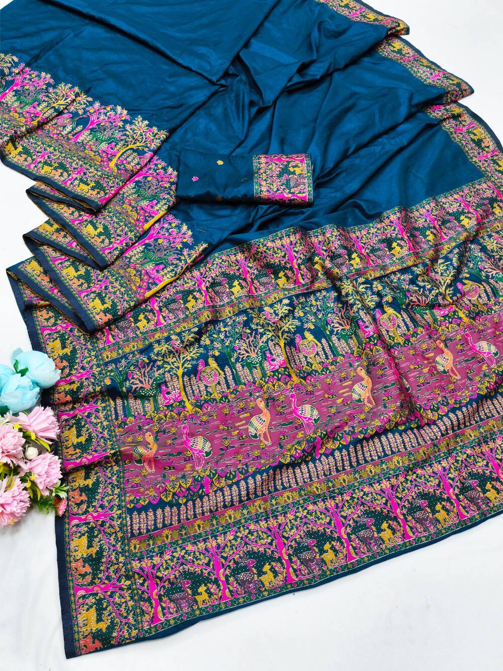 Blissful Blue Nylon Dola Pashmina Saree With Stylish Blouse Piece - Image 5