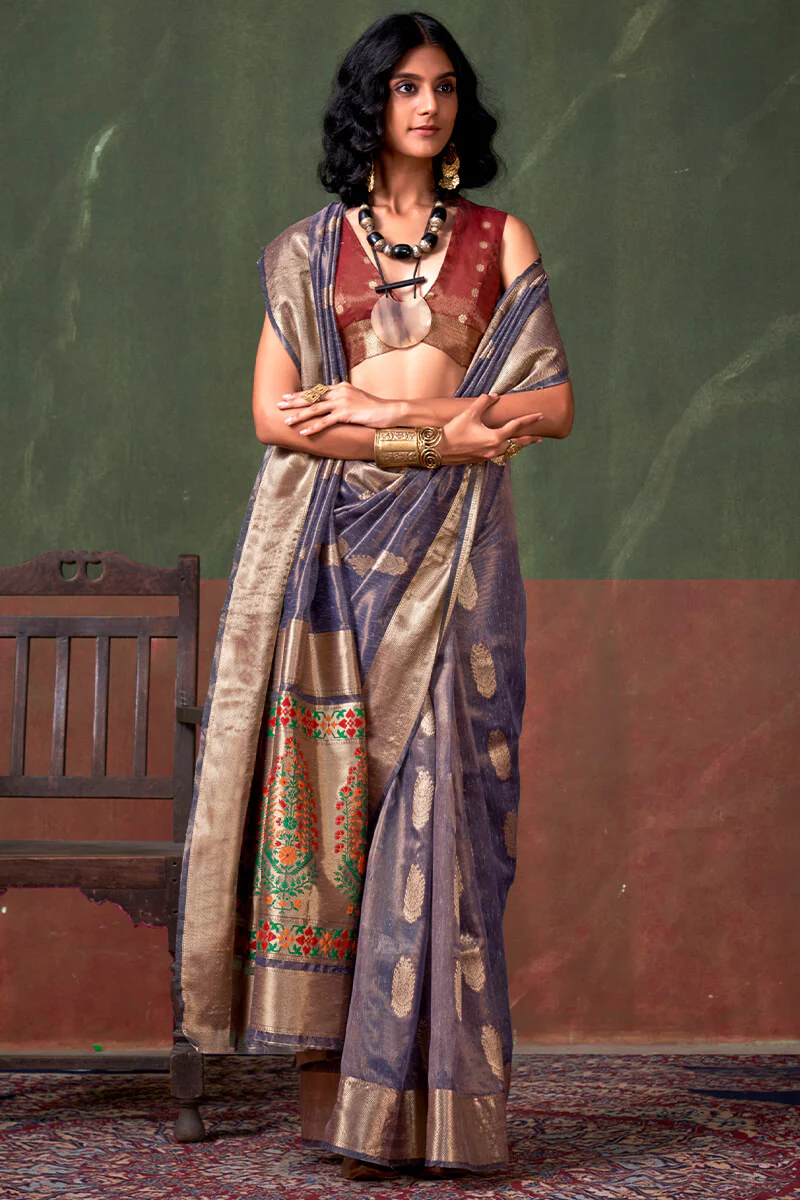 Blissful Blue Paithani Pure Tissue Silk Saree With Grandiose Blouse Piece - Image 3