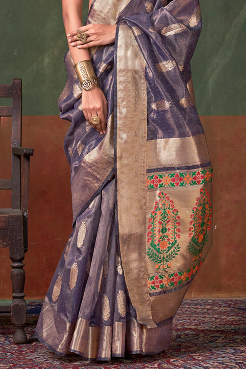 Blissful Blue Paithani Pure Tissue Silk Saree With Grandiose Blouse Piece - Image 4