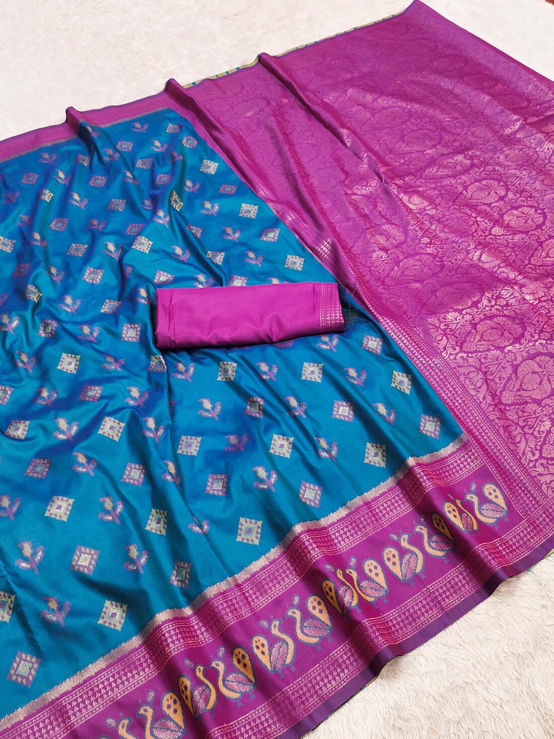 Blissful Blue Pure Zari Weaving Banarasi Silk Saree With Vivacious Blouse Piece