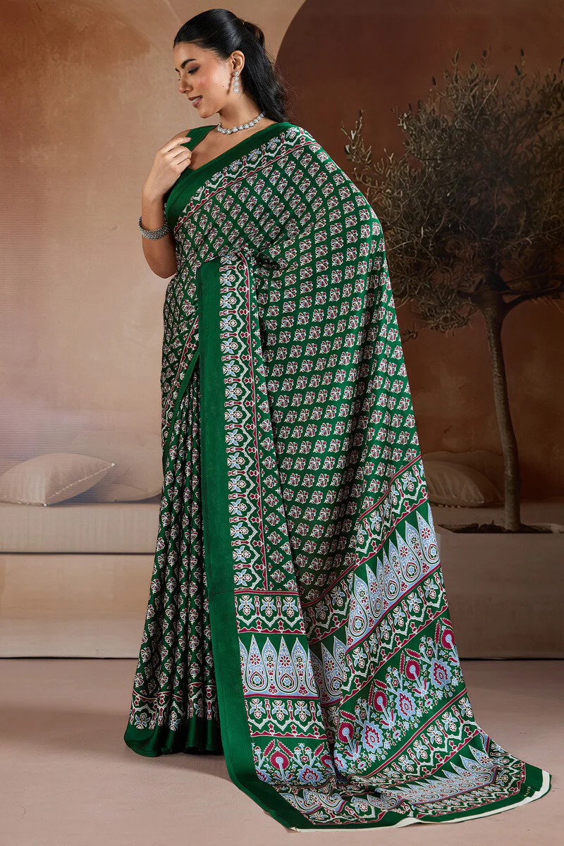 Blissful Dark Green Ajrakh Printed Satin Silk Saree With Unequalled Blouse Piece - Image 3