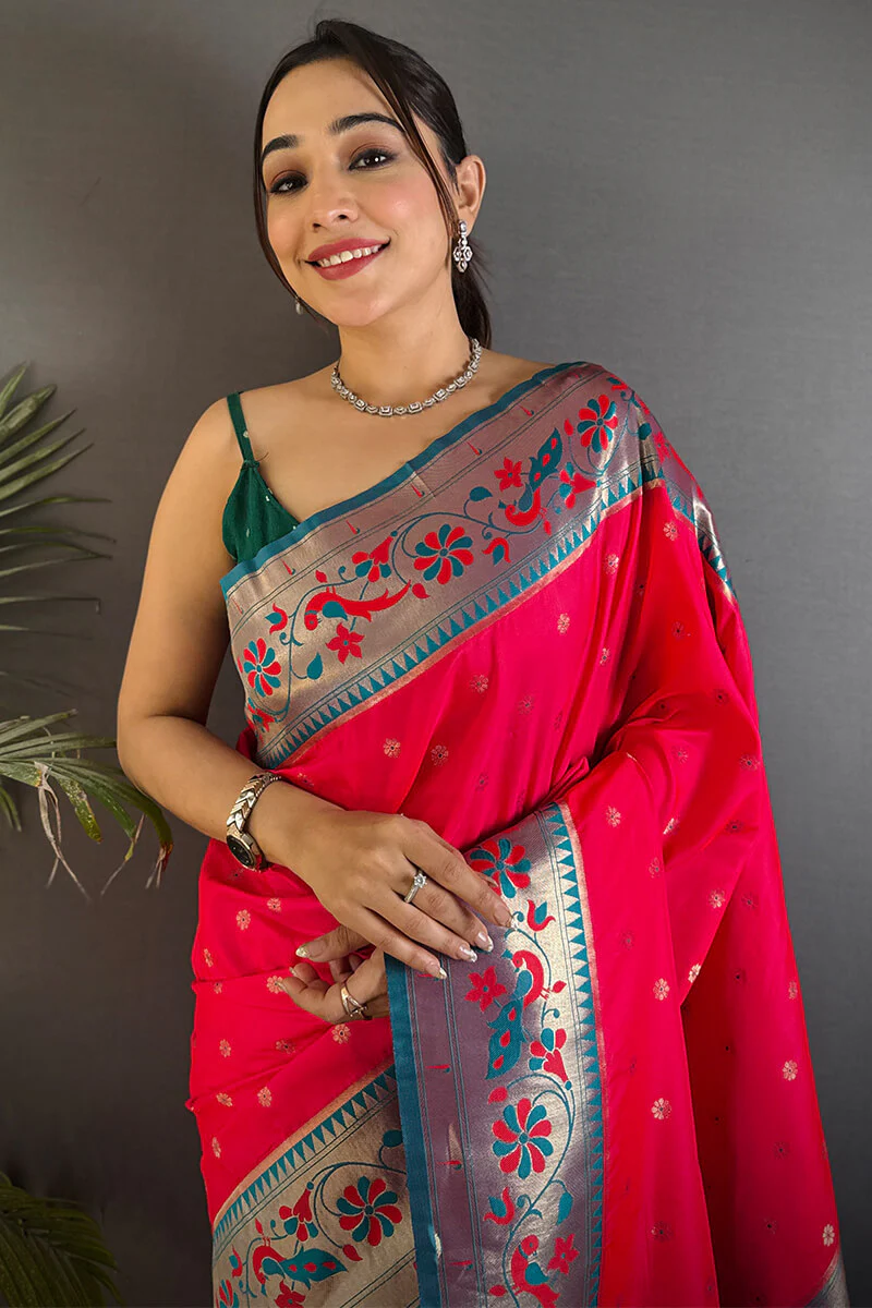 Blissful Dark Pink Paithani Silk Saree With Conflate Blouse Piece - Image 2