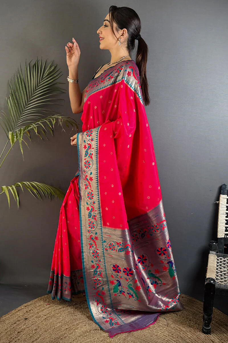 Blissful Dark Pink Paithani Silk Saree With Conflate Blouse Piece - Image 3