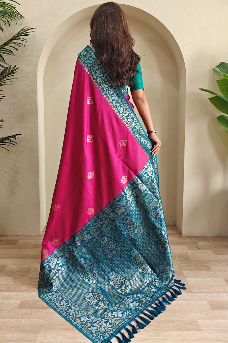 Blissful Dark Pink Soft Banarasi Silk Saree With Fancifull Blouse Piece - Image 3