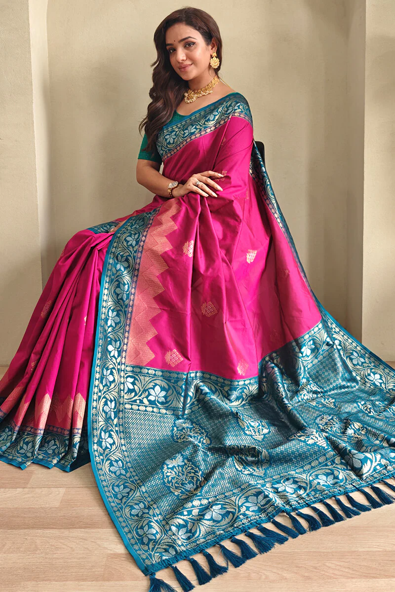 Blissful Dark Pink Soft Banarasi Silk Saree With Fancifull Blouse Piece - Image 4