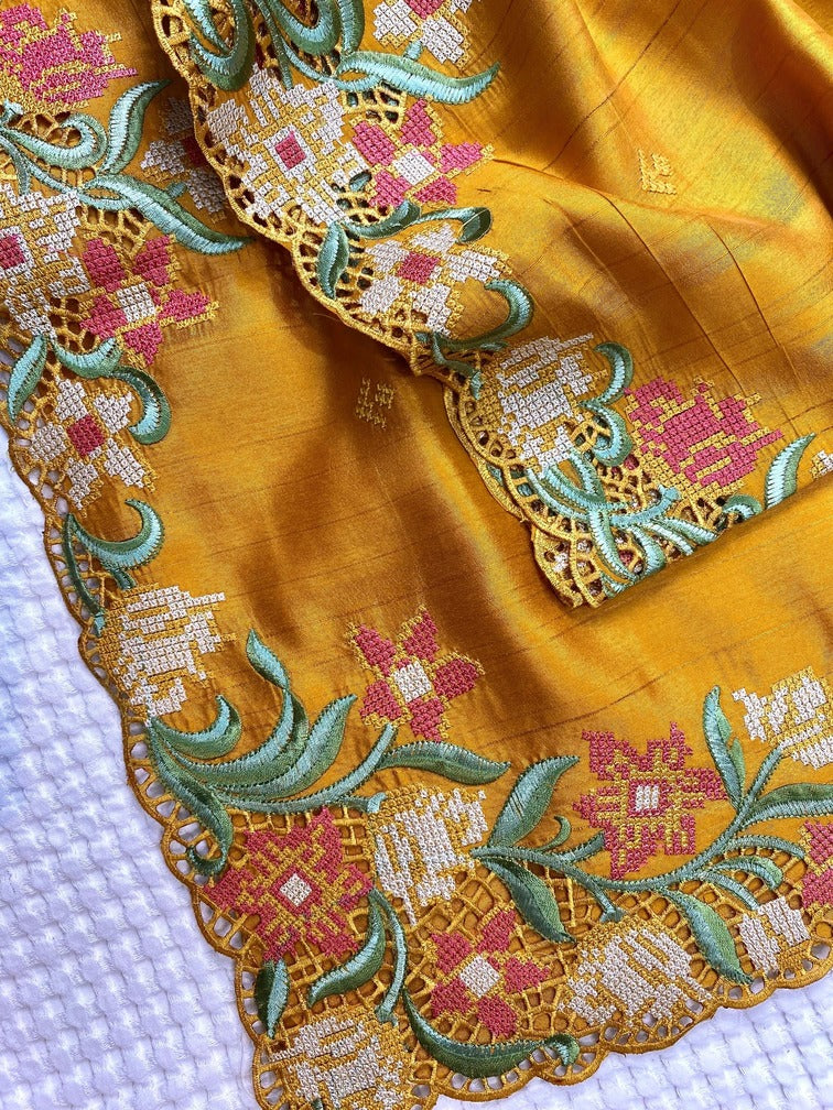 Blissful Mustard Embroidery Work Tussar Silk Saree With Preferable Blouse Piece - Image 3
