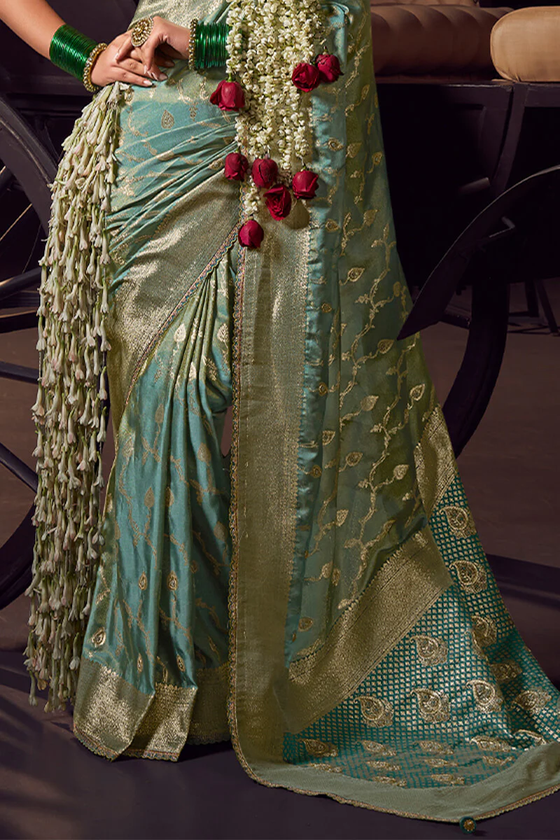 Blissful Sea Green Pure Viscose Tissue Banarasi Silk Saree With Glowing Blouse Piece - Image 4