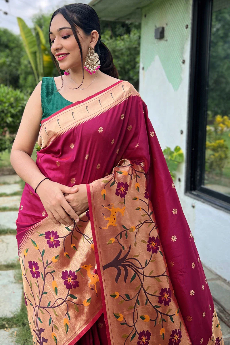 Blissful Wine Paithani Silk Saree With Arresting Blouse Piece - Image 2