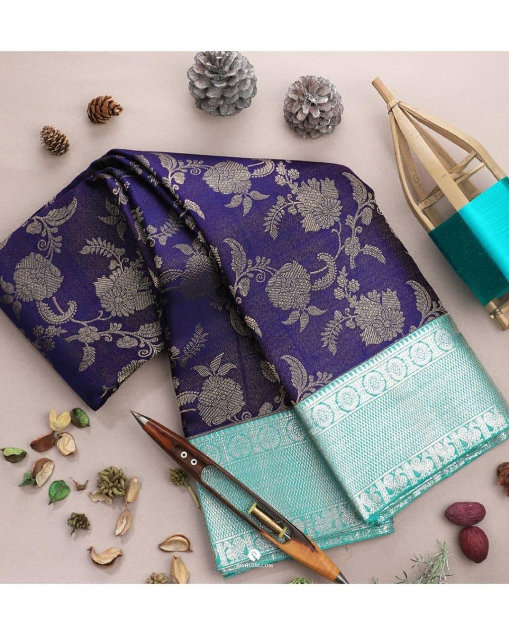 Blooming Blue Soft Silk Saree With Smart Blouse Piece - Image 5