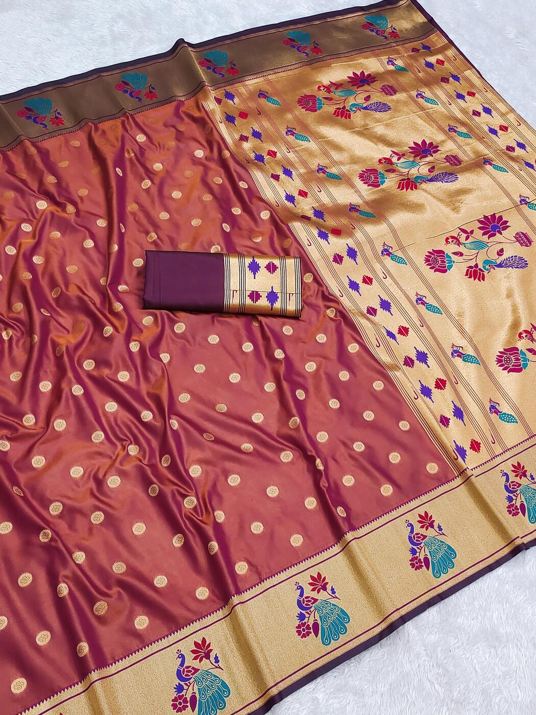 Blooming Brown Paithani Silk Saree With Adorning Blouse Piece
