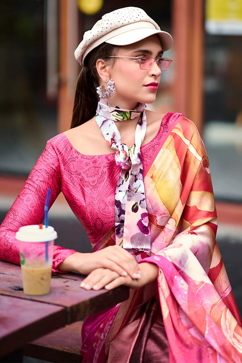 Blooming Dark Pink Digital Printed Satin Silk Saree With Hypnotic Blouse Piece - Image 2