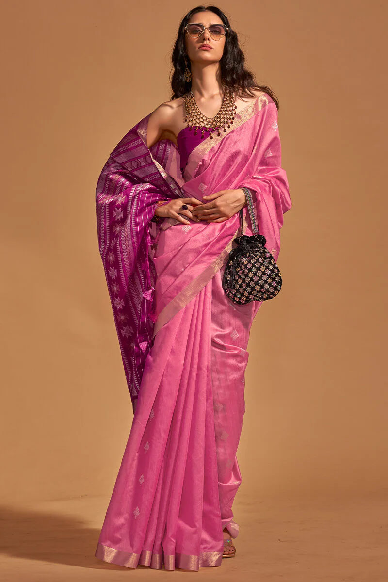 Blooming Pink Soft Banarasi Silk Saree With Delightful Blouse Piece - Image 2