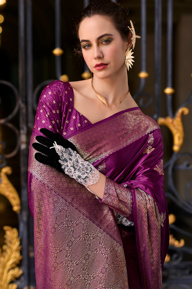Blooming Purple Banarasi Satin Silk Saree With Engrossing Blouse - Image 2