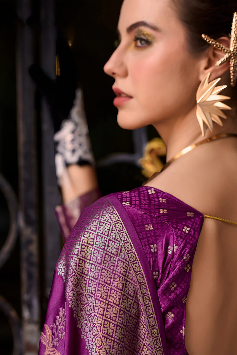 Blooming Purple Banarasi Satin Silk Saree With Engrossing Blouse - Image 3