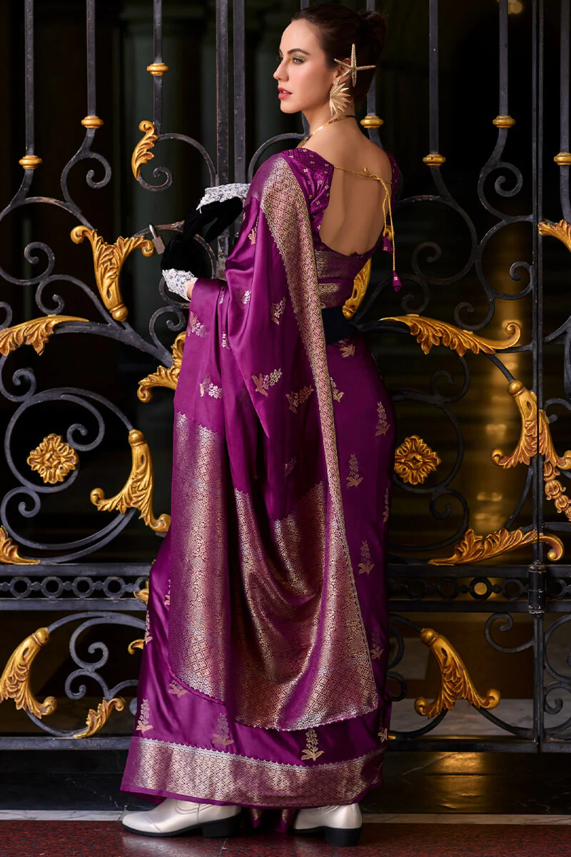Blooming Purple Banarasi Satin Silk Saree With Engrossing Blouse - Image 4