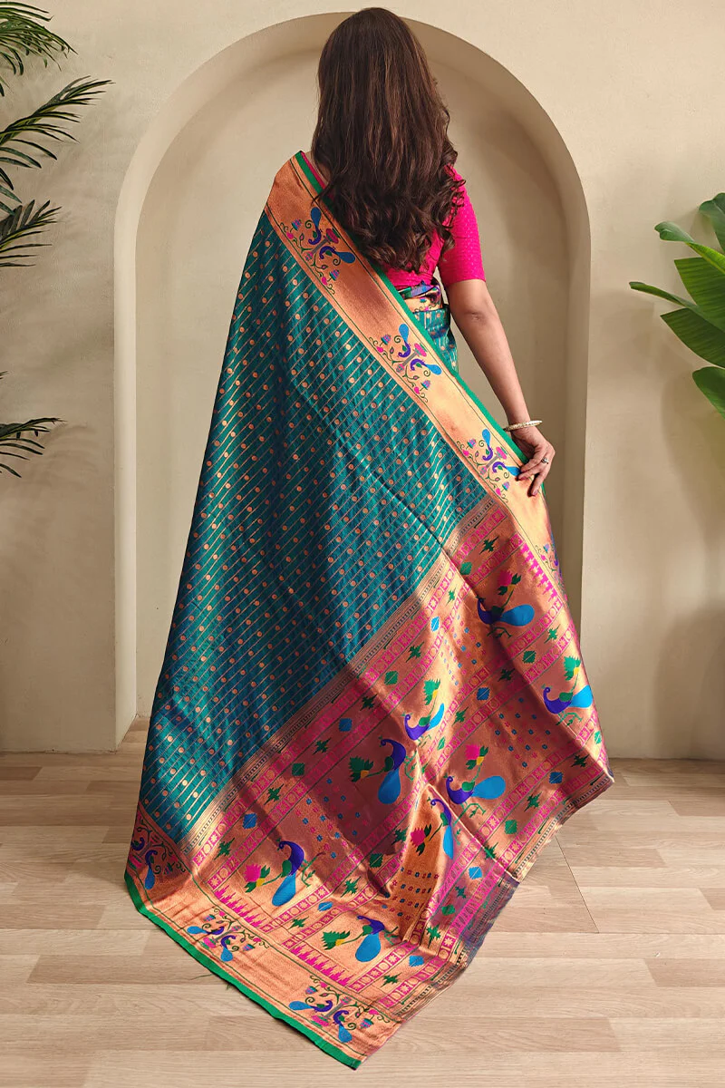 Blooming Rama Paithani Silk Saree With Energetic Blouse Piece - Image 3