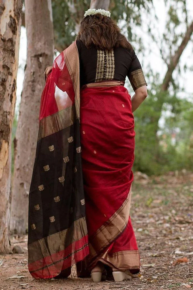 Blooming Red Cotton Silk Saree With Wonderful Blouse Piece - Image 5