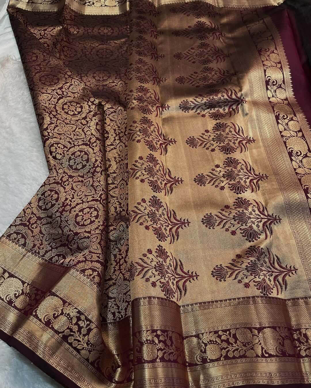 Blooming Wine Soft Banarasi Silk Saree With Blooming Blouse Piece - Image 2