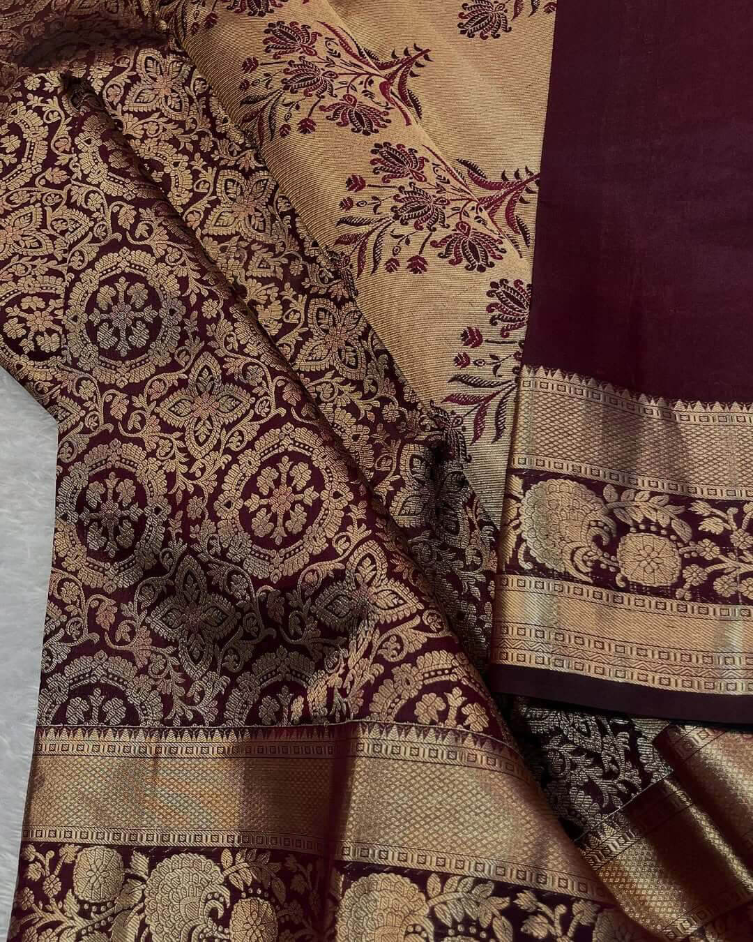 Blooming Wine Soft Banarasi Silk Saree With Blooming Blouse Piece - Image 3