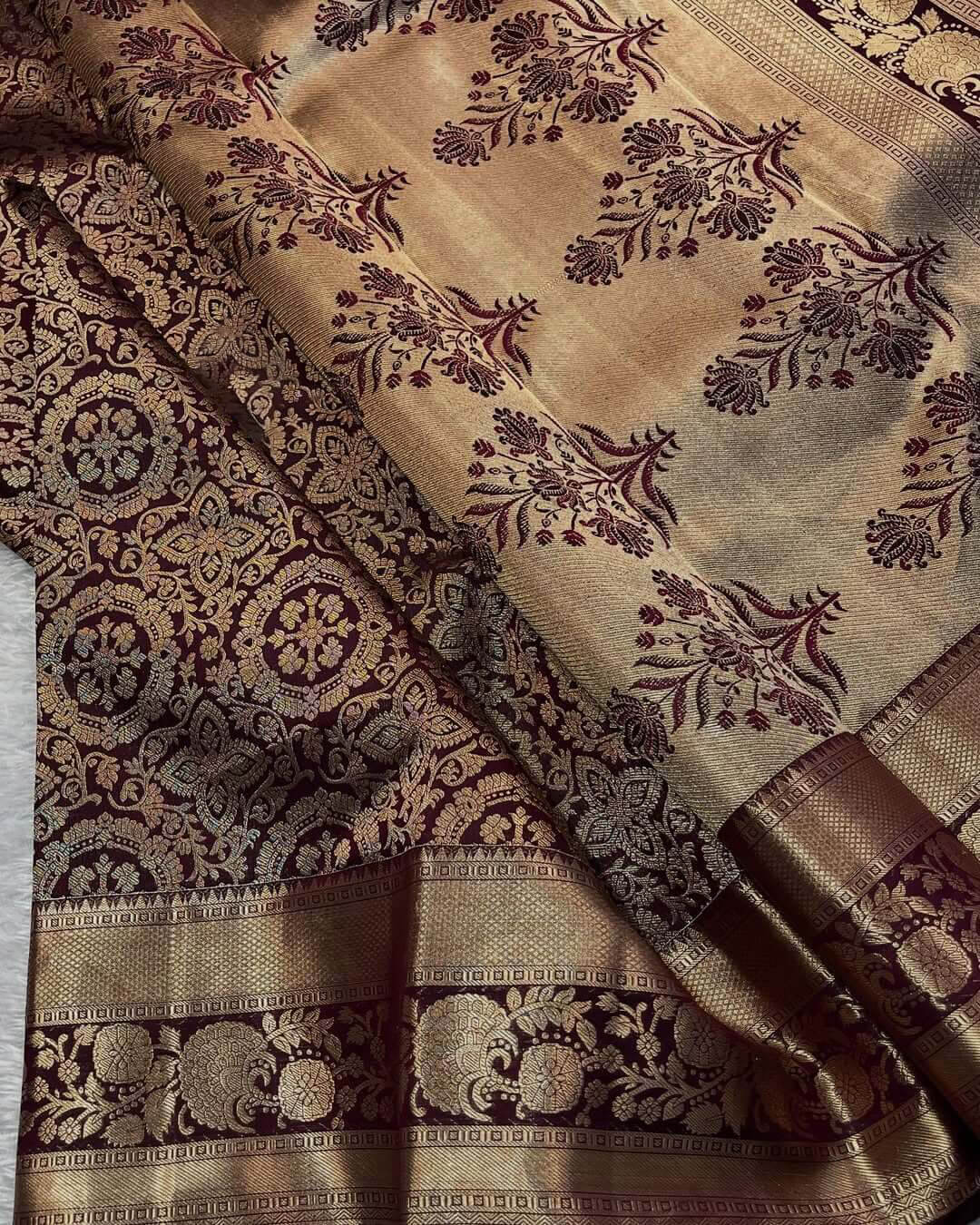 Blooming Wine Soft Banarasi Silk Saree With Blooming Blouse Piece - Image 4