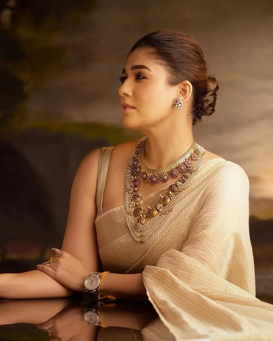 Bollywood Style Beige Soft Tissue Silk Saree With Imaginative Blouse Piece - Image 2