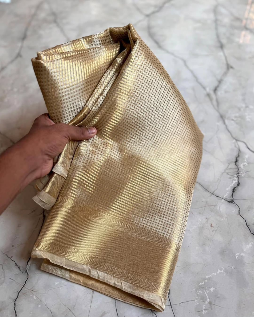 Bollywood Style Beige Soft Tissue Silk Saree With Imaginative Blouse Piece - Image 5