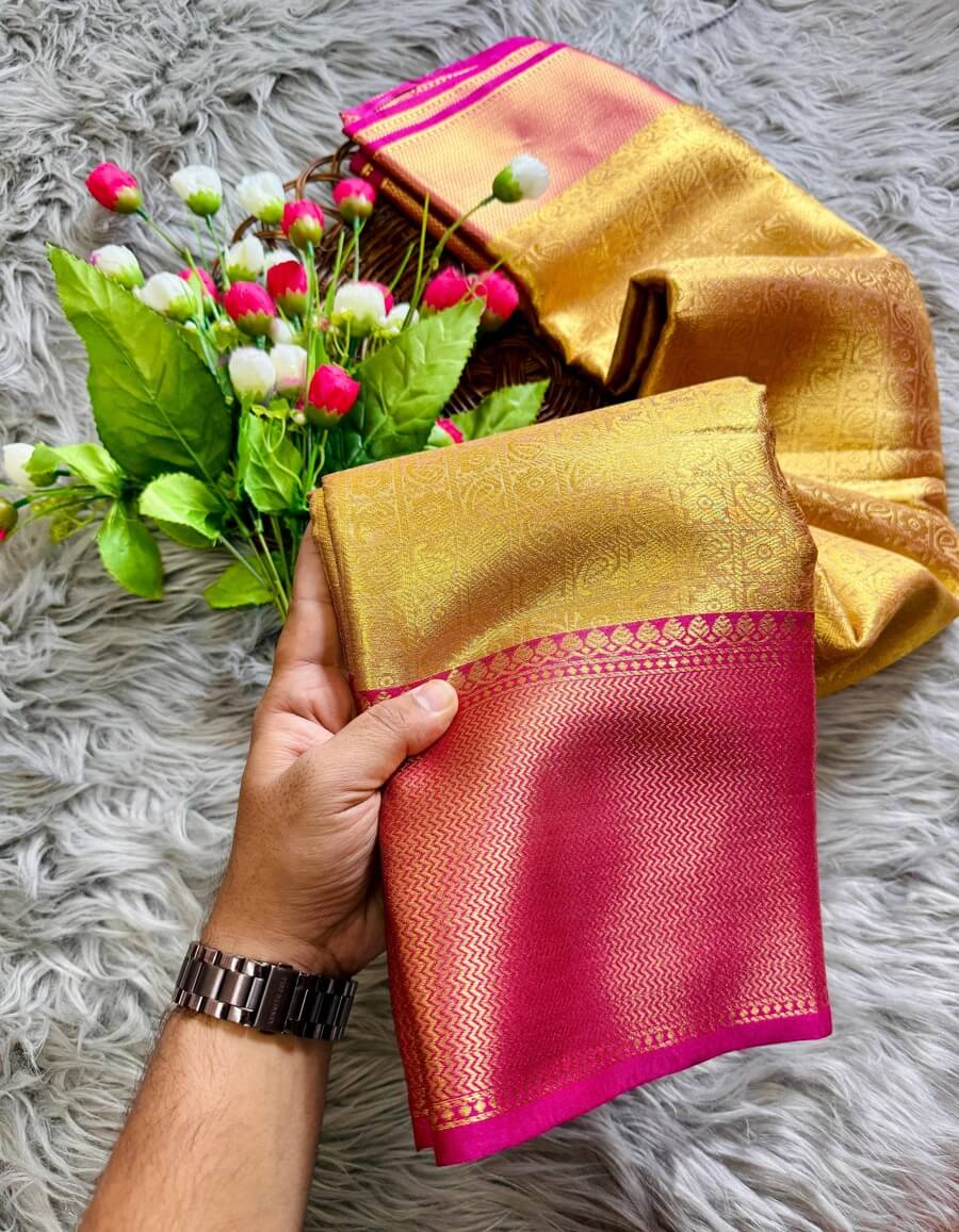 Bollywood Style Golden Soft Tissue Silk Saree With Artistic Blouse Piece - Image 3