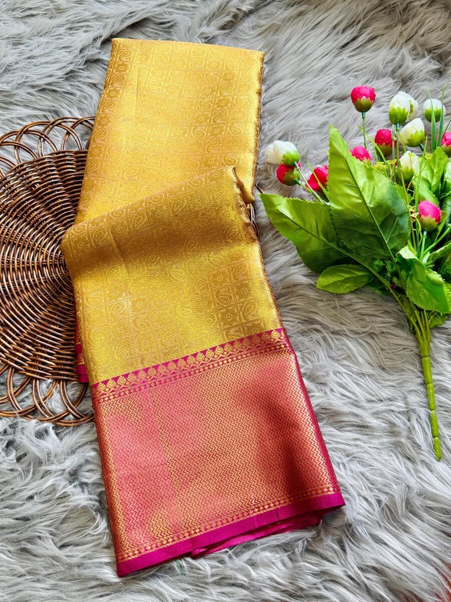 Bollywood Style Golden Soft Tissue Silk Saree With Artistic Blouse Piece - Image 4