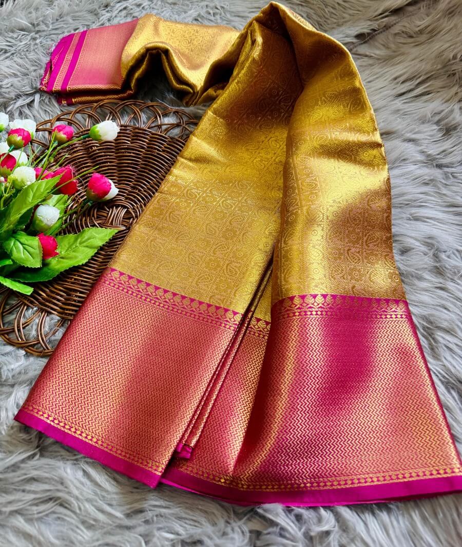 Bollywood Style Golden Soft Tissue Silk Saree With Artistic Blouse Piece - Image 5