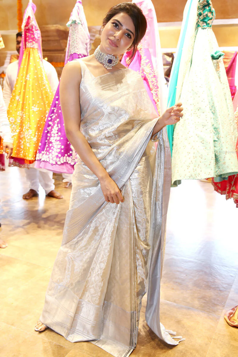 Bollywood Style Silver Soft Tissue Silk Saree With Winsome Blouse Piece - Image 4