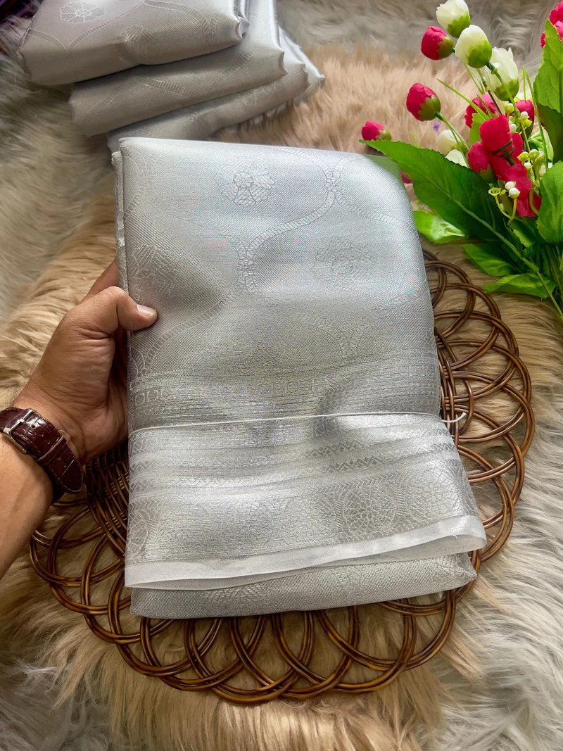 Bollywood Style Silver Soft Tissue Silk Saree With Winsome Blouse Piece - Image 7