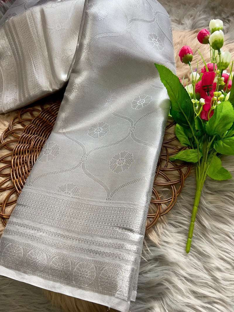 Bollywood Style Silver Soft Tissue Silk Saree With Winsome Blouse Piece - Image 8