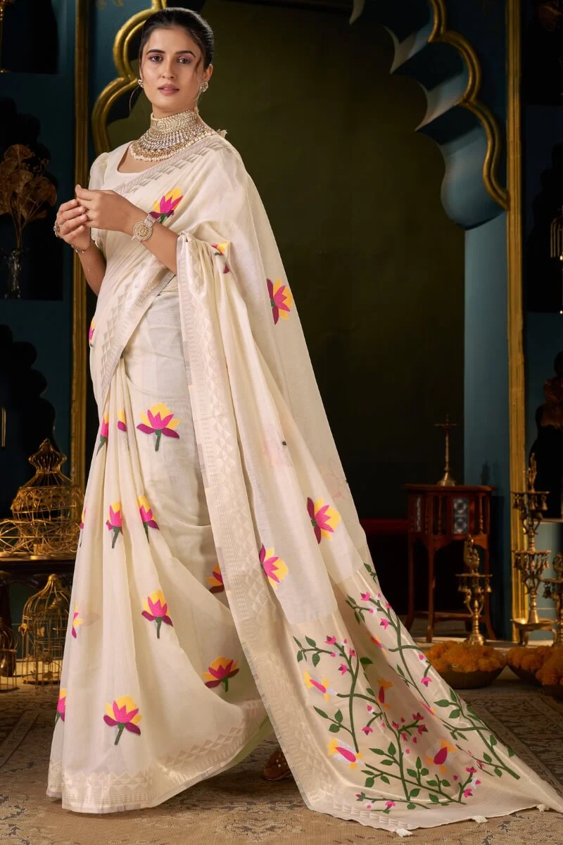 Breathtaking Beige Cotton Silk Saree With Delectable Blouse Piece - Image 5