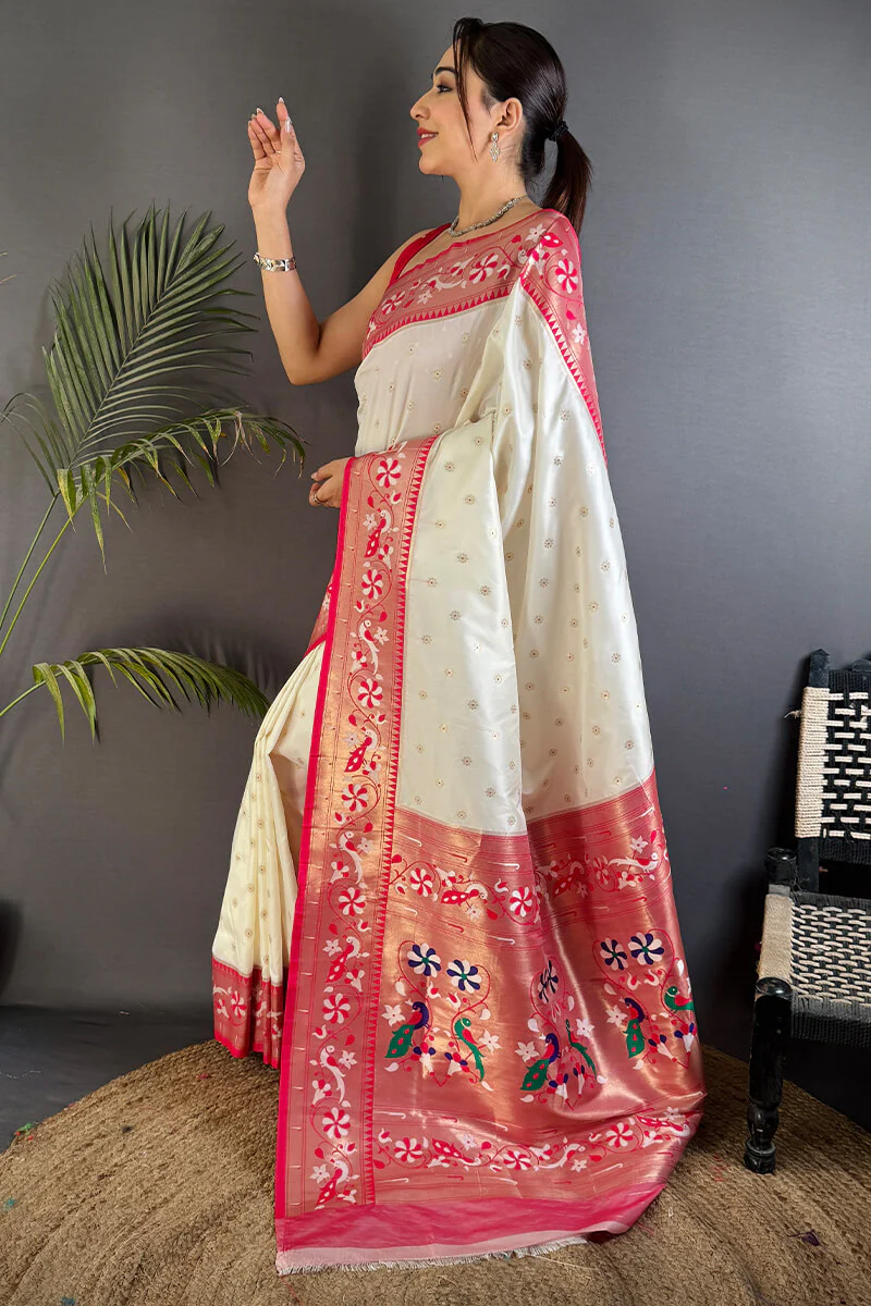 Breathtaking Beige Paithani Silk Saree With Intricate Blouse Piece - Image 3