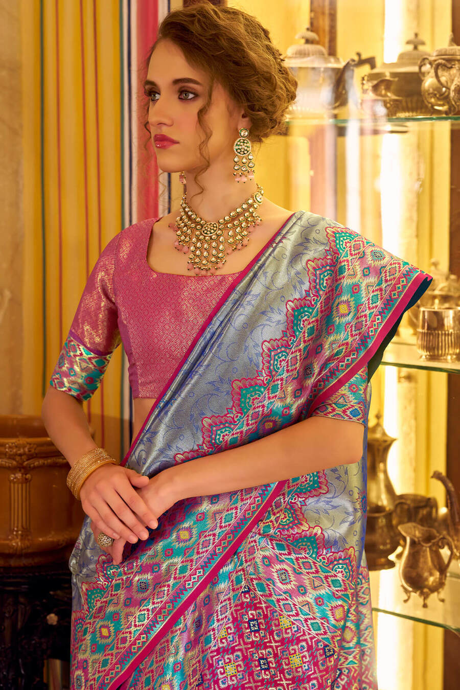 Breathtaking Blue Tissue Patola Silk Saree with Gorgeous Blouse Piece - Image 2