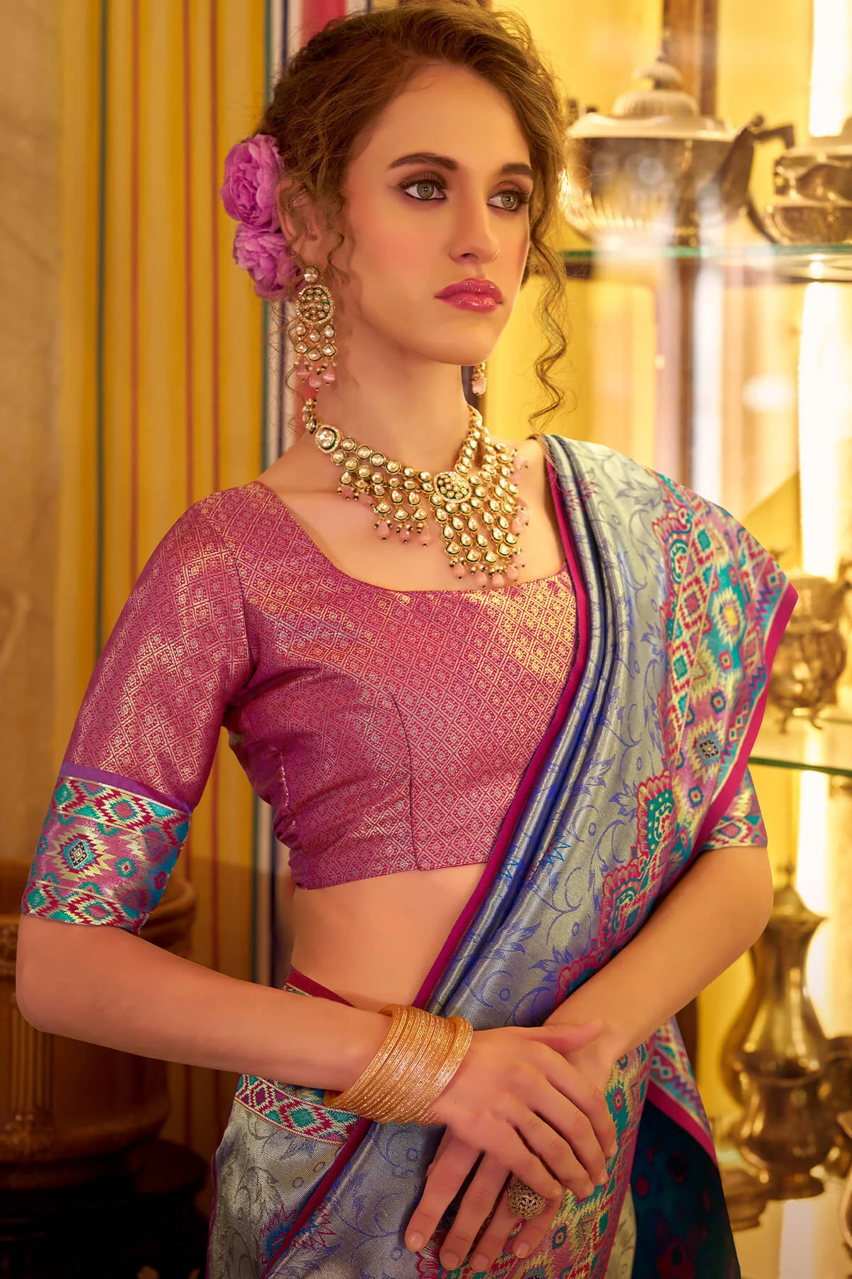 Breathtaking Blue Tissue Patola Silk Saree with Gorgeous Blouse Piece - Image 3