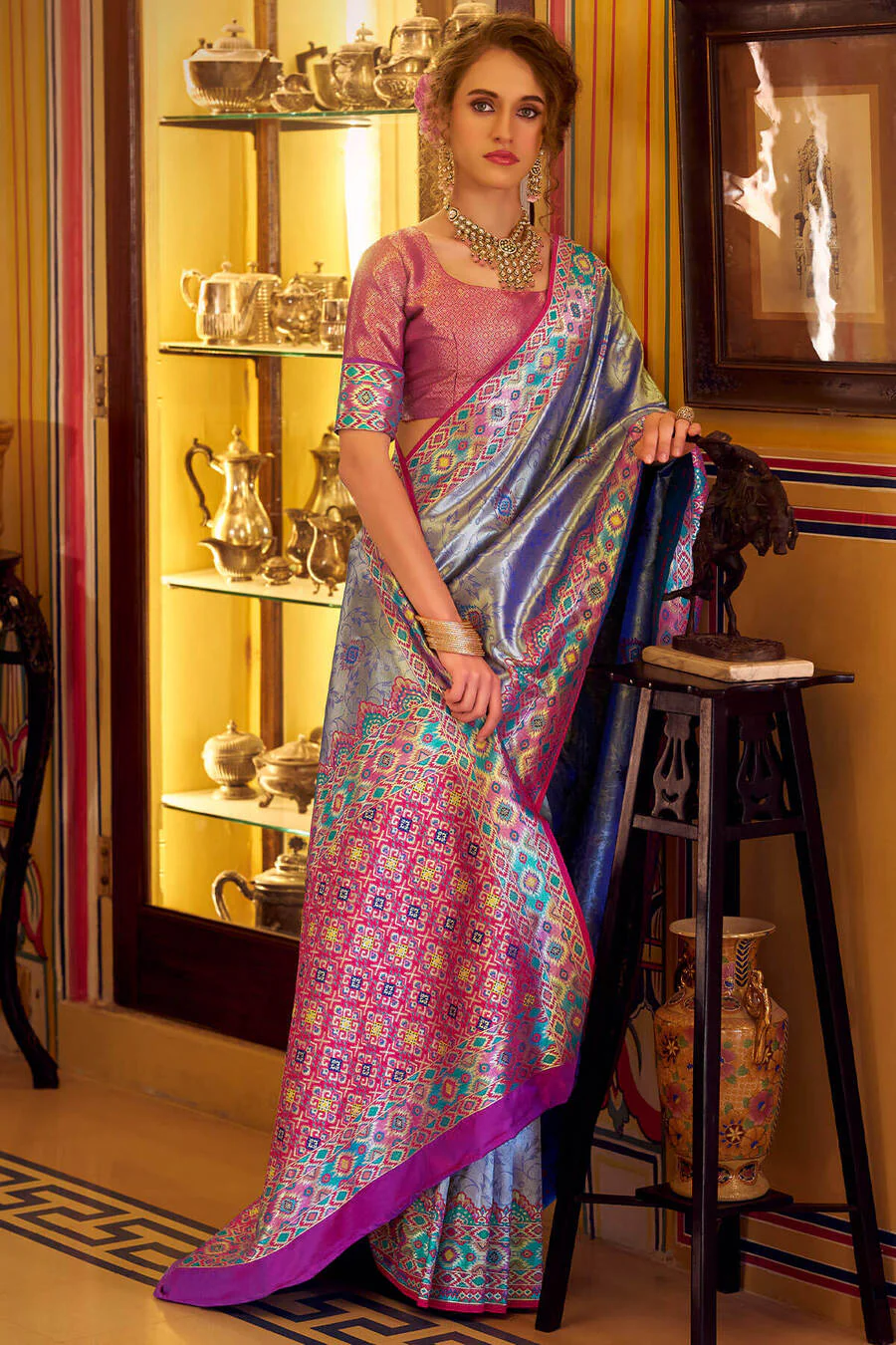 Breathtaking Blue Tissue Patola Silk Saree with Gorgeous Blouse Piece - Image 4