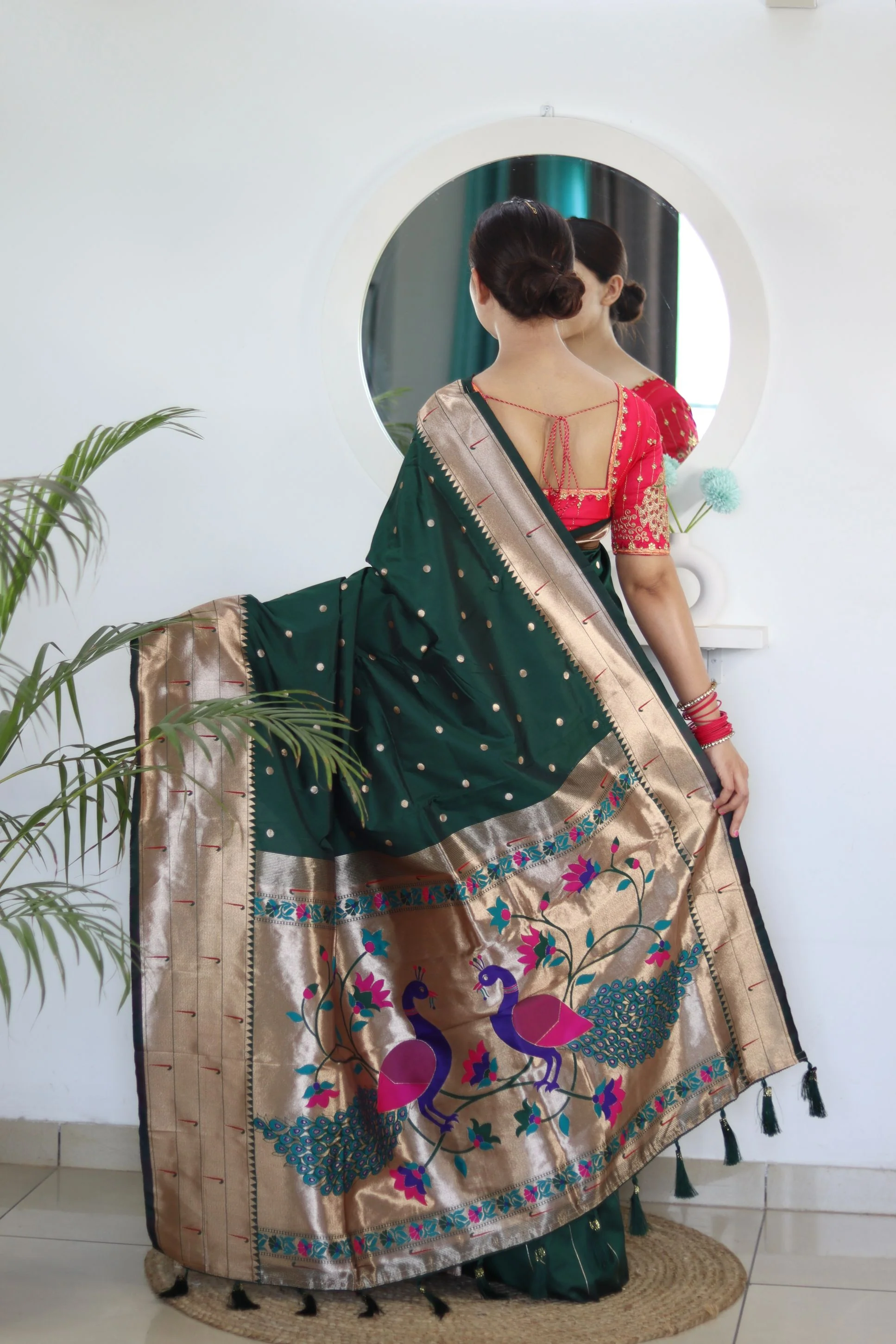 Breathtaking Dark Green Paithani Silk Saree With Majesty Blouse Piece - Image 6