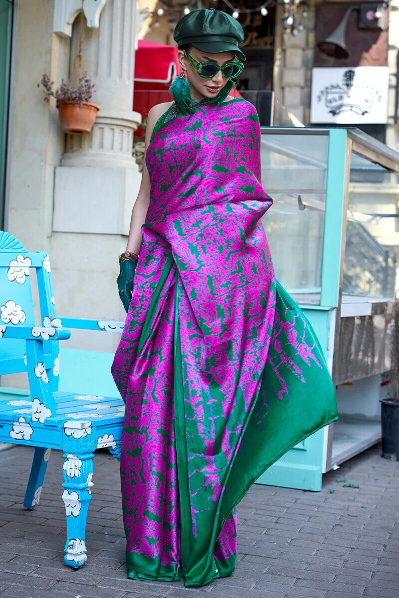 Breathtaking Magenta and Green Digital Printed Satin Silk Saree With Blissful Blouse Piece - Image 2