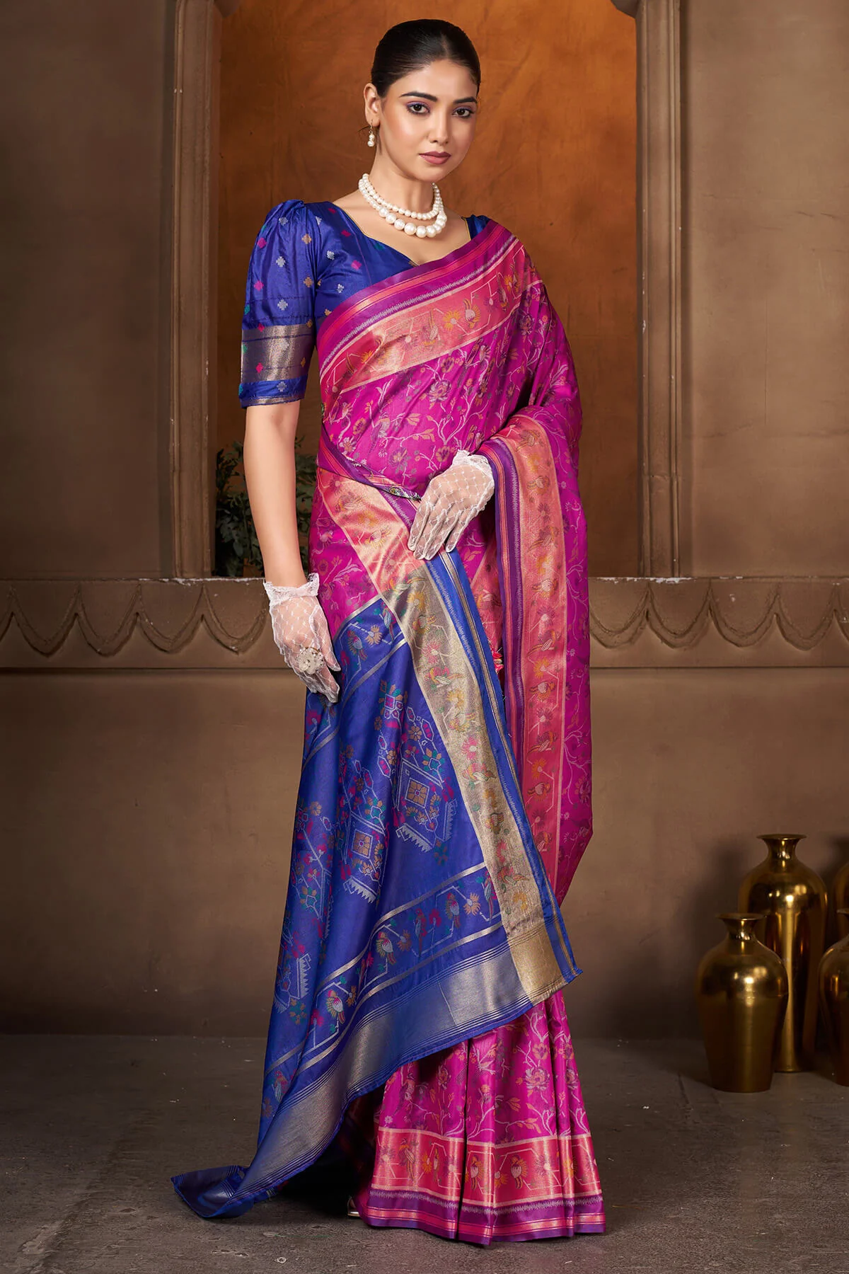 Breathtaking Magenta Paithani Silk Saree With Gossamer Blouse Piece - Image 4