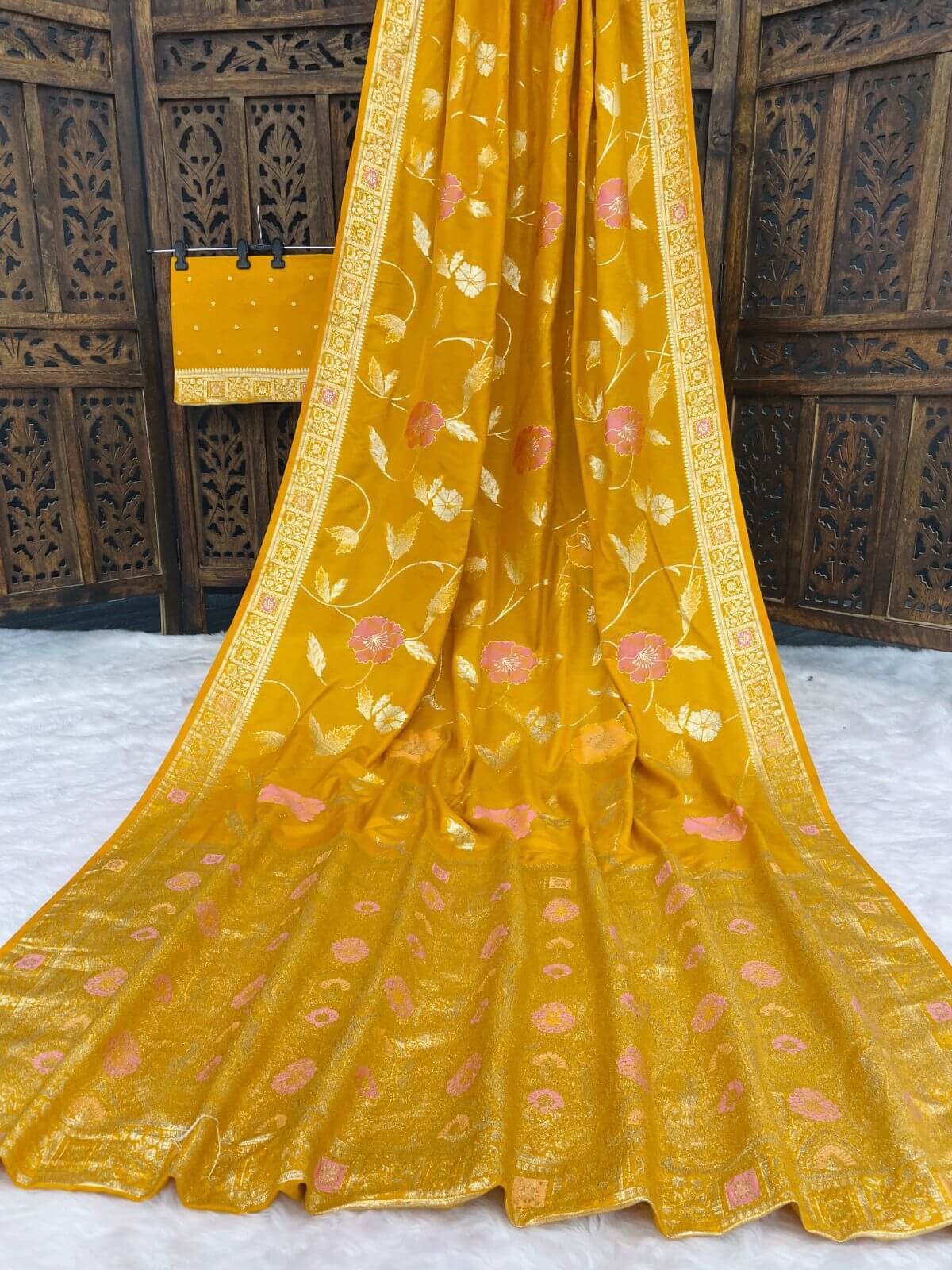 Breathtaking Mustard Banarasi Dola Silk Saree With Captivating Blouse Piece - Image 2