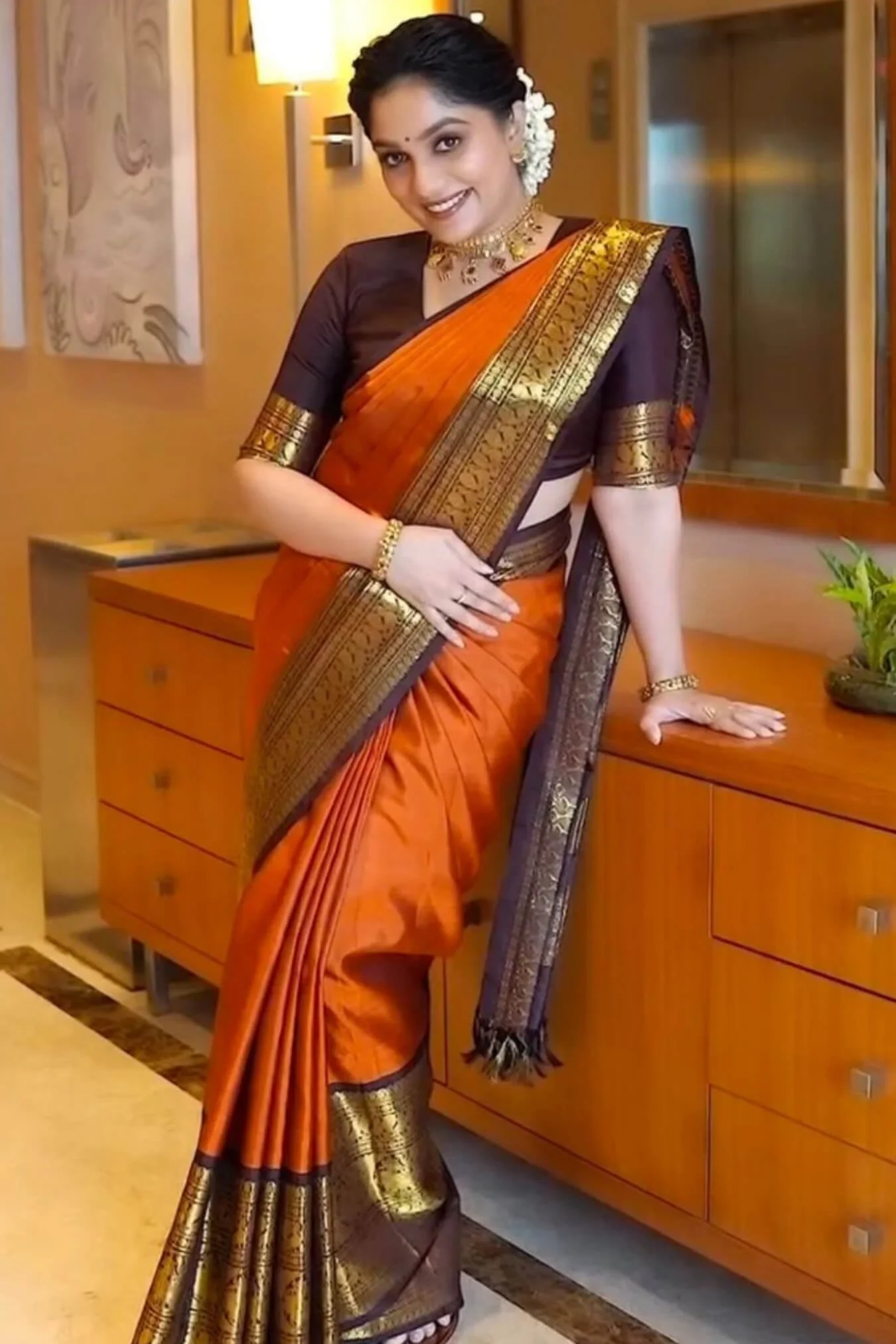 Breathtaking Orange Soft Silk Saree With Captivating Blouse Piece - Image 4